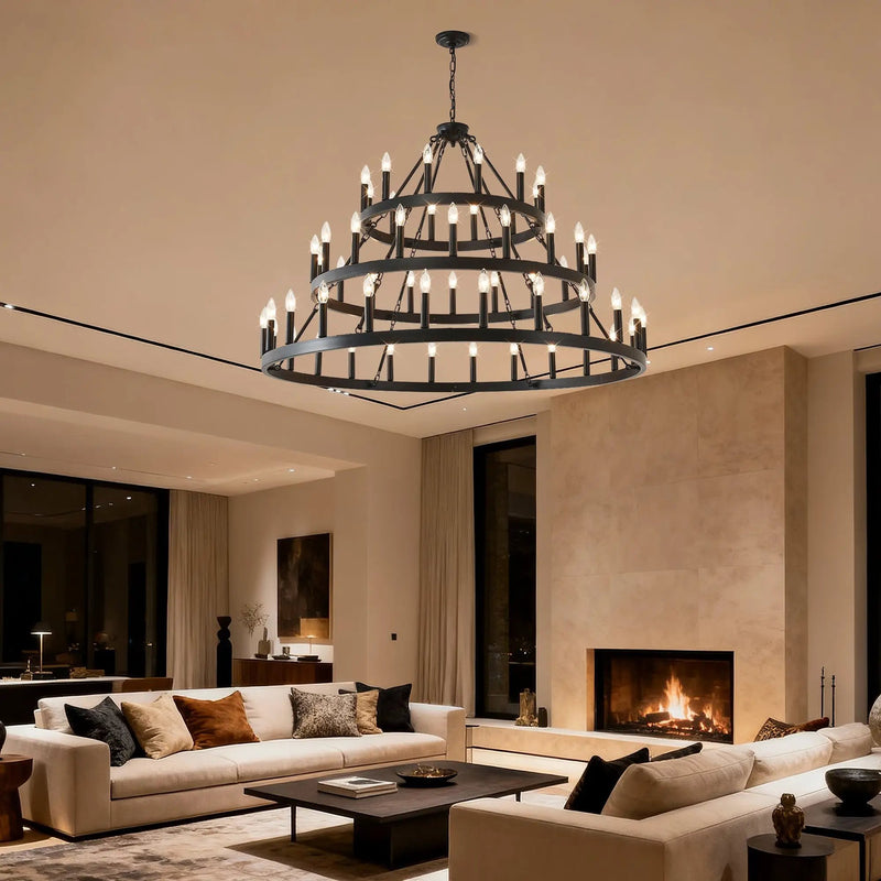 3 Tiers Wagon Wheel Chandelier - 54-Light Matte Black Metal by HouseOfZazla