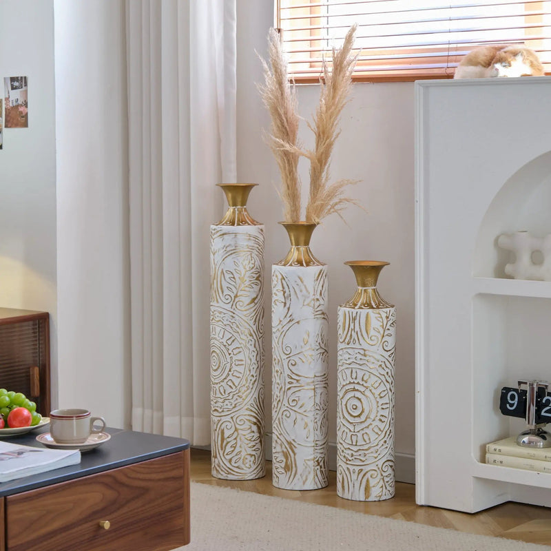 Floor Metal Vases Decorated Metal Vases (Set of 3) Gorgeous Home Decoration Large Glazed Metal Vases - White / Gold by HouseOfZazla