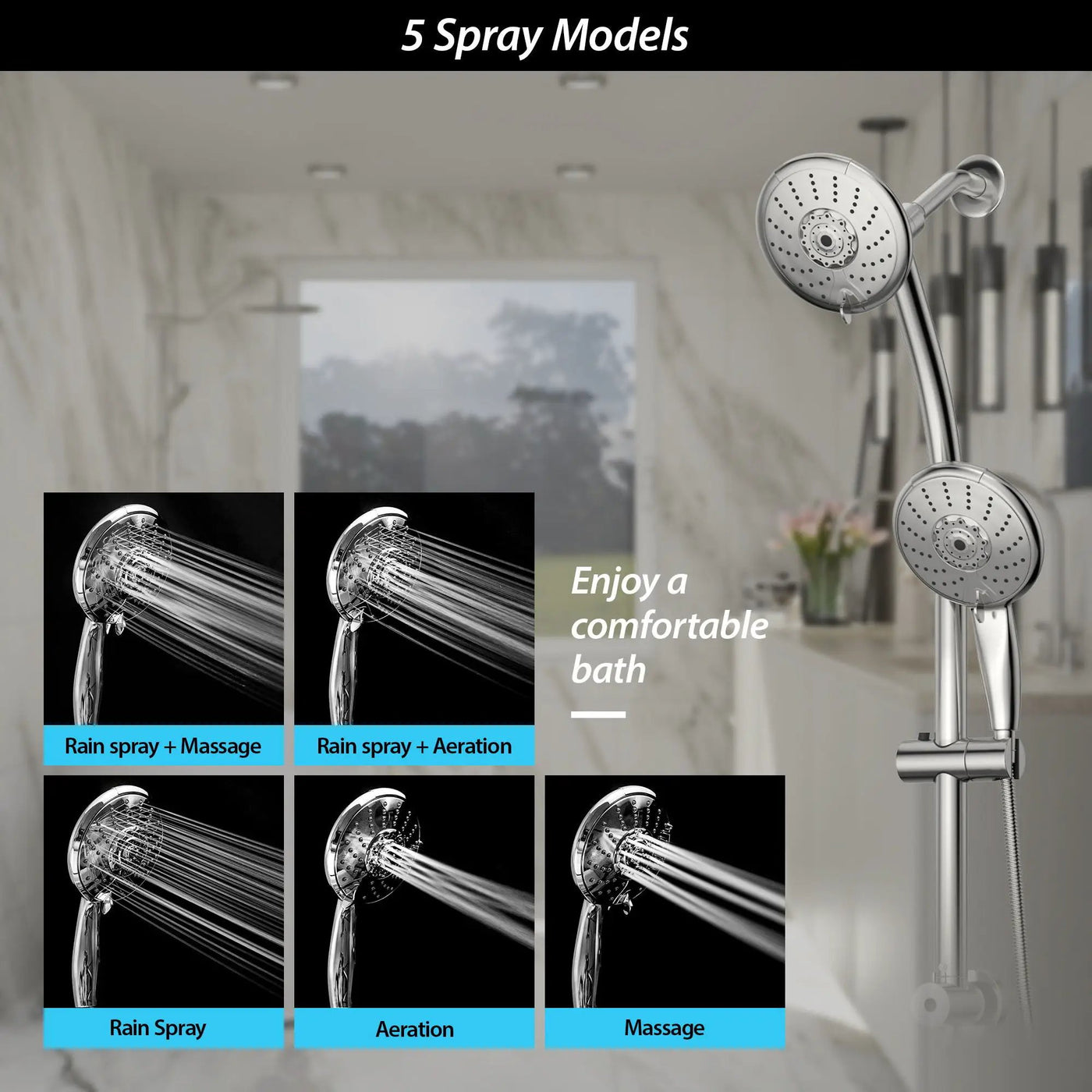 Dual Shower Head With Adjustable Slide Bar And Multi Function Settings by HouseOfZazla