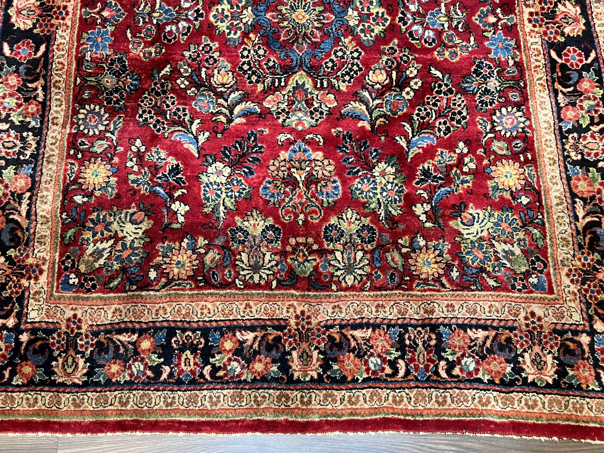 Persian Sarouk Rug 5x6, Hand Knotted Antique 1920s Sarouk, Red Navy Blue by Jewel Rugs