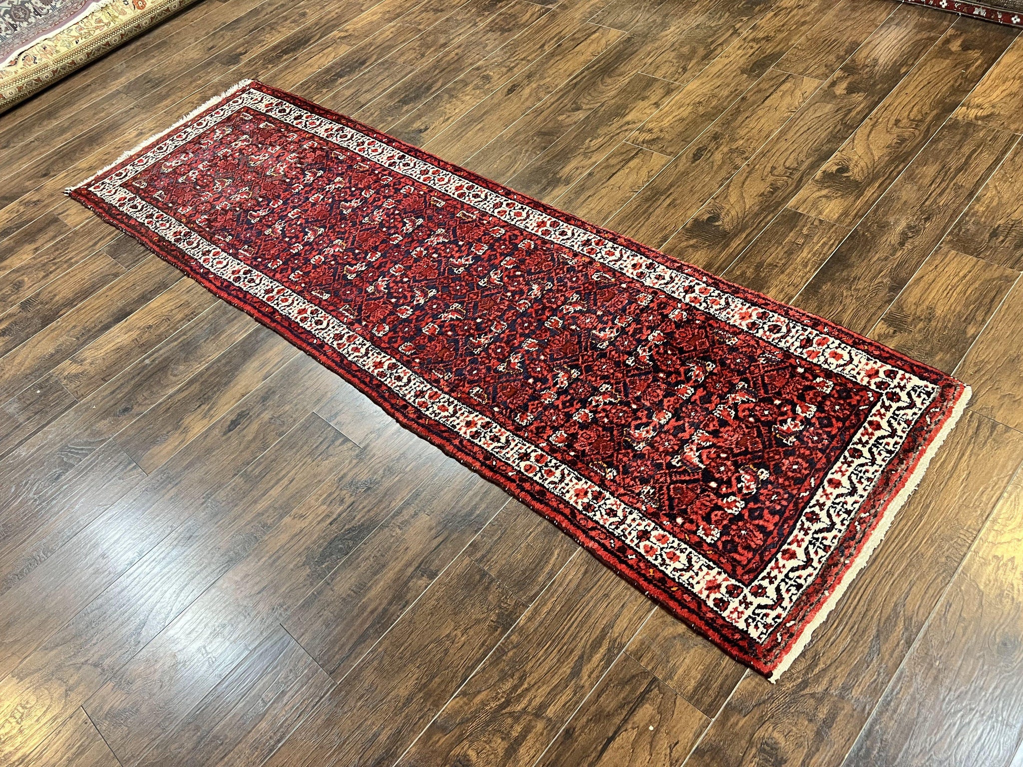 Persian Tribal Runner 3 x 9, Hamadan Dargazin Rug, Dark Blue and Red Wool Hand Knotted Hallway Rug, Vintage Antique Oriental Runner, 9ft Long Runner, Herati by Jewel Rugs