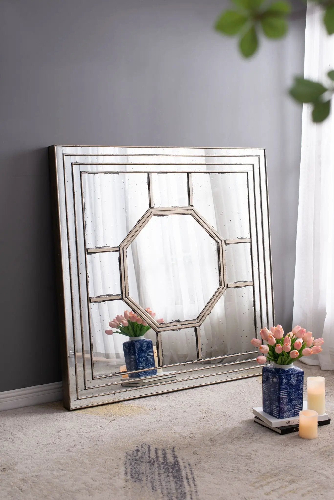 Antique Style Decorative Square Wall Mirror With Mirrored Frame, Wall Decor For Living Room Entryway, Console Lean Against Wall - Silver by HouseOfZazla