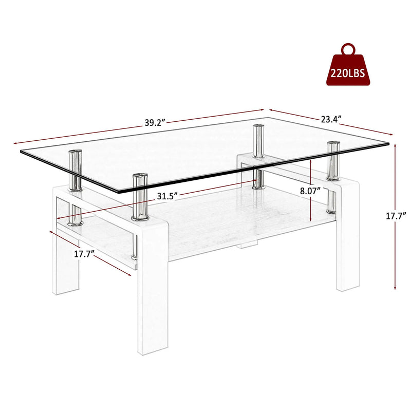 Modern Rectangular Coffee Table With Tempered Transparent Glass Top And Storage Shelf by HouseOfZazla