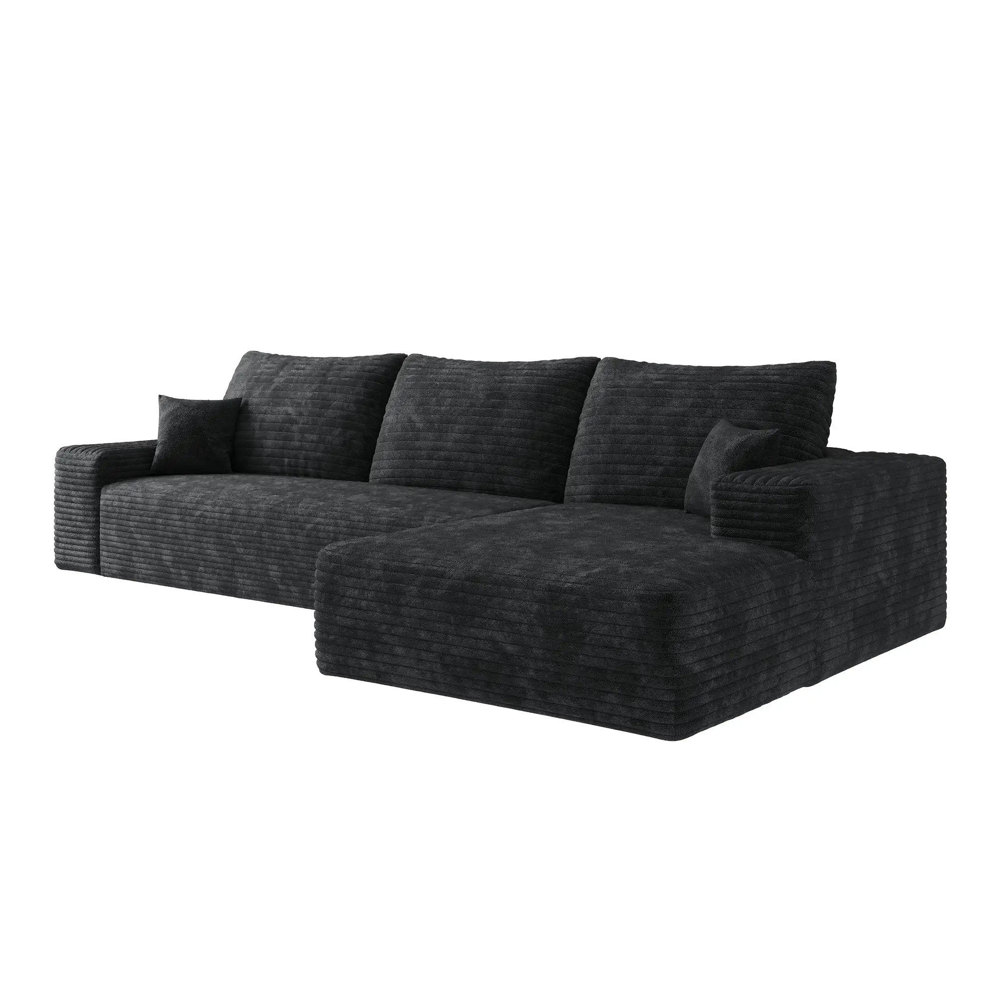 107" Cloud Sectional Couch with L-Shape Chaise, Black Plush Corduroy by HouseOfZazla