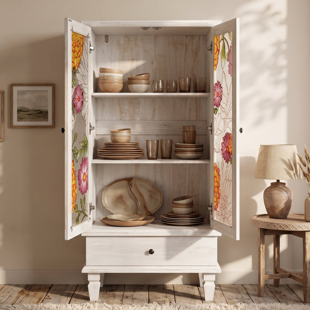French Country Accent Cabinet with 2 Glass Doors and Drawers - White Antique, photo 6 of 10