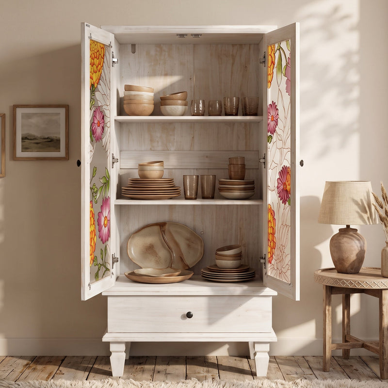 French Country Accent Cabinet with 2 Glass Doors and Drawers - White Antique, photo 6 of 10