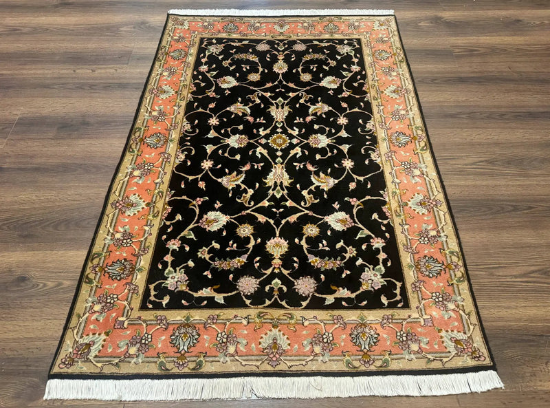 Persian Tabriz Rug 3x5 Black and Salmon Floral Fine Handmade 360 KPSI by Jewel Rugs