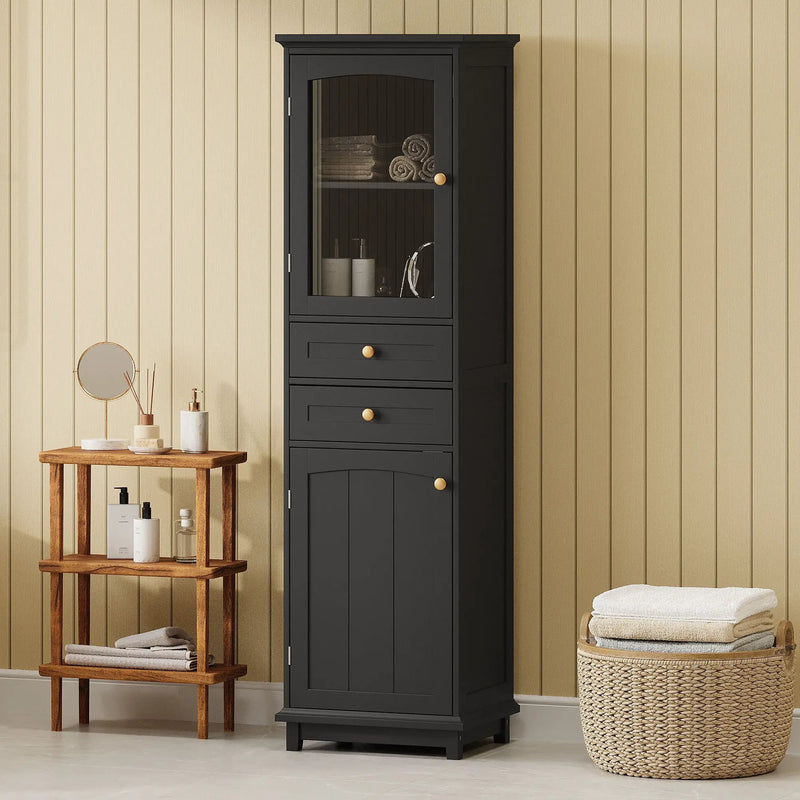Tall Bathroom Storage Cabinet With Glass Doors, Free-Standing, Two Drawers, And Adjustable Shelves, Board, Painted Perfect For Displaying Your Favorite Items by HouseOfZazla