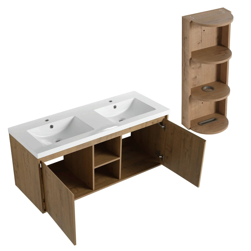 48" Wall Mounted Bathroom Vanity With Double Resin Sink And Storage Rack Soft Close Doors Plywood Construction - Imitative Oak by HouseOfZazla