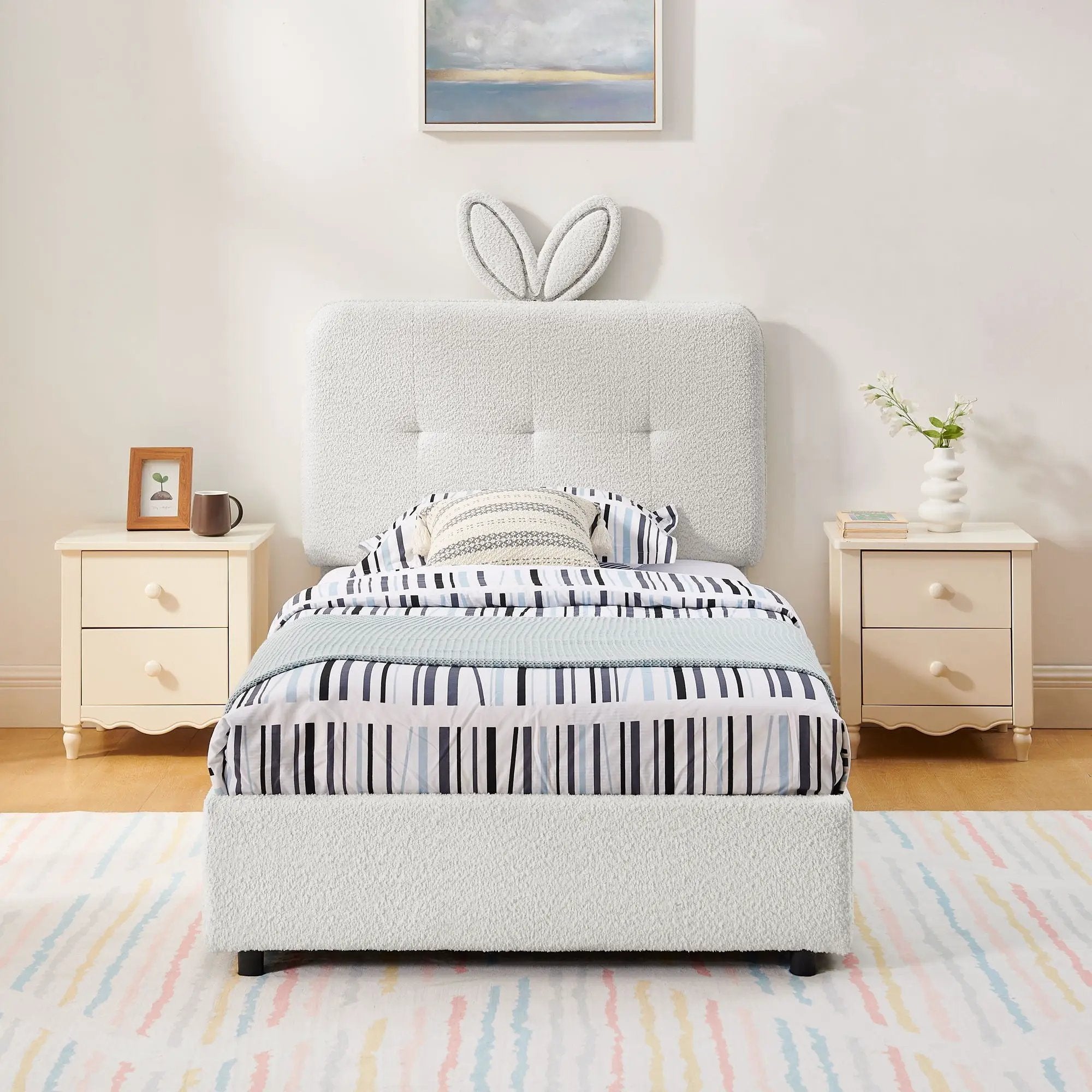 Upholstered Bed With Oversized Rabbit Ear Headboard, LED Lights & 4 Storage Drawers by Unique Piece Furniture