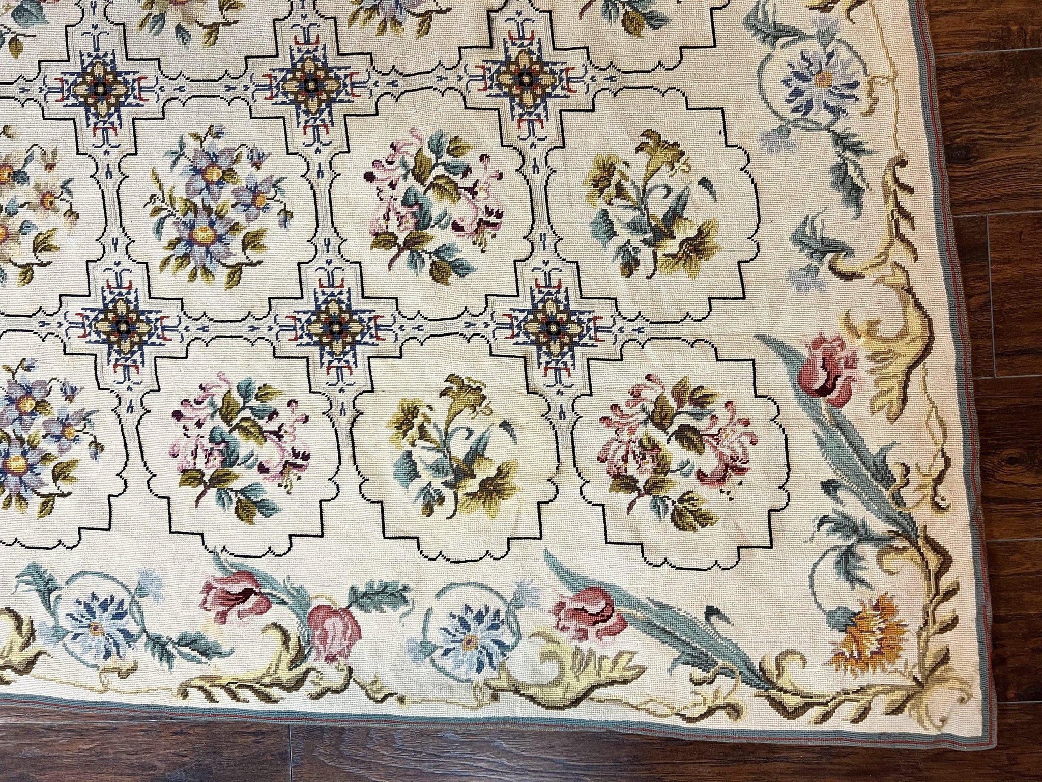 Needlepoint Rug 10x14, Wool Handmade Vintage Needlepoint Carpet, Floral Panel Design, Ivory/Cream by Jewel Rugs