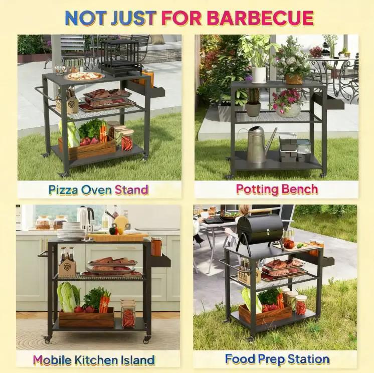 Movable Oven Table on Wheels - 3-Tier Outdoor Grill Cart by HouseOfZazla