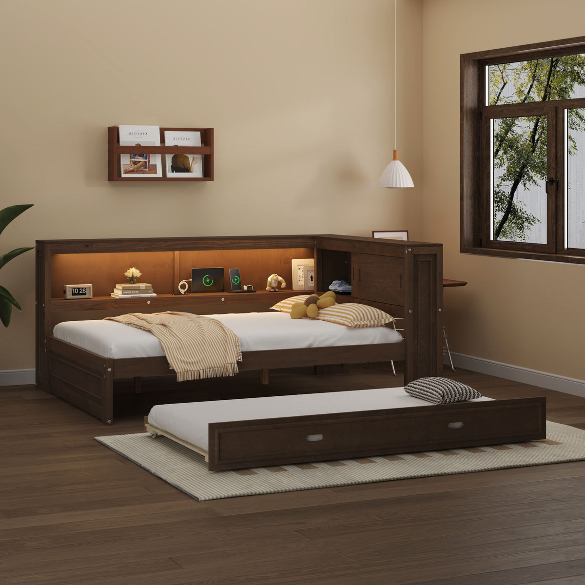 Full Size Daybed with Storage Shelves and Trundle - Dark Brown or White, photo 28 of 28