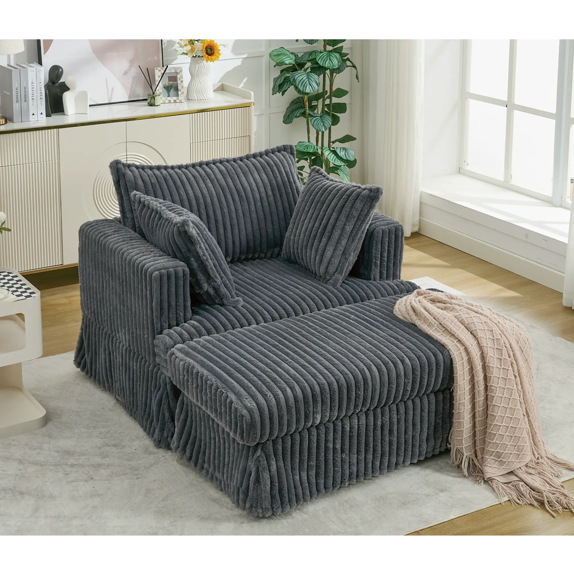 Oversized Corduroy Chaise Lounge with Ottoman in Dark Gray by HouseOfZazla