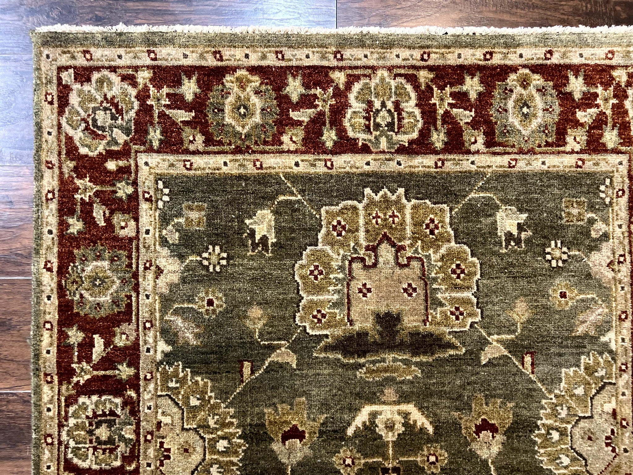 Indo Oushak Rug 4x6, Green and Maroon, Vintage Wool Floral Rug, Indian Agra Rug by Jewel Rugs