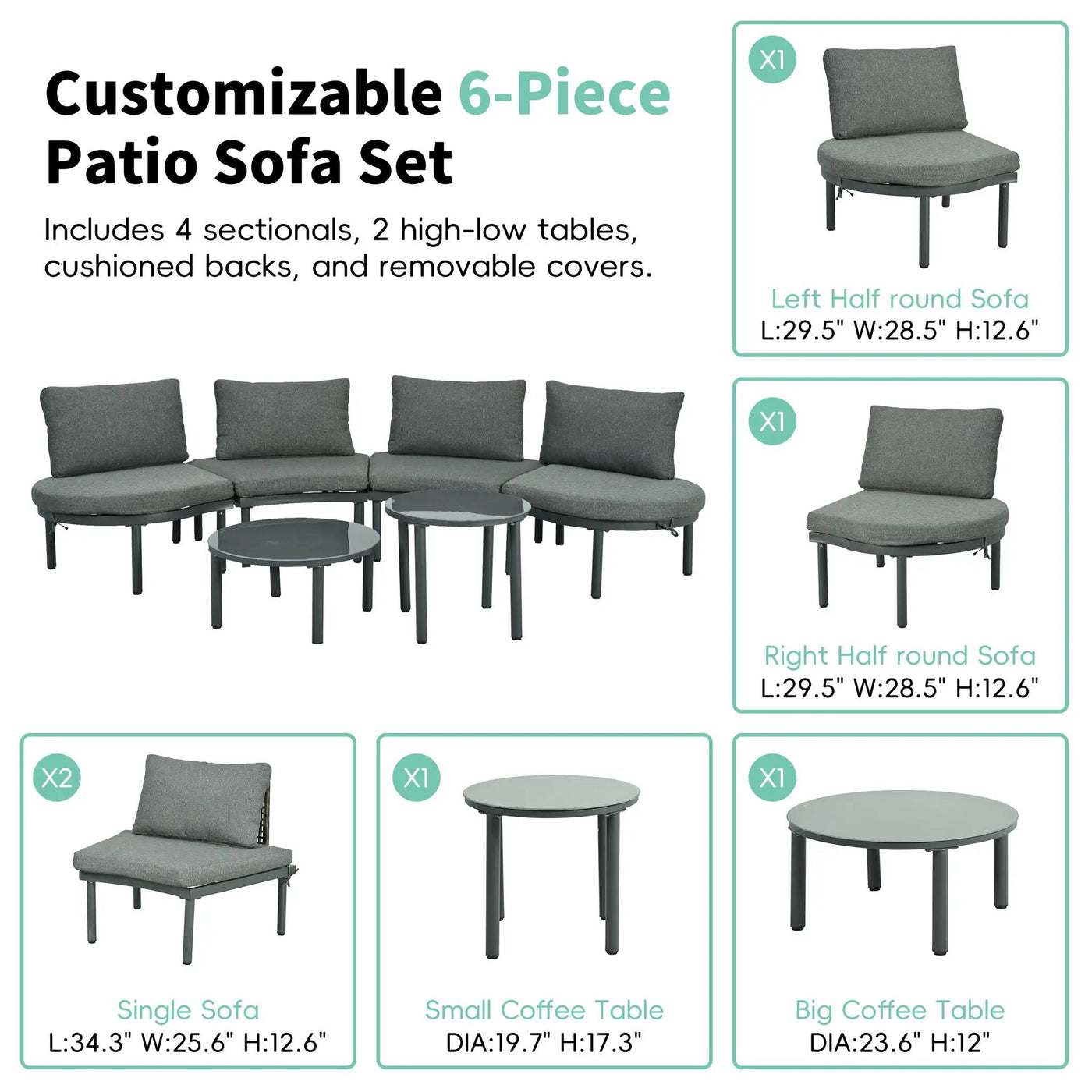 6 Piece Patio Set, Half Moon Outdoor Sectional Sofa With 2 High Low Coffee Tables, 4 Pillows & Cushions by Unique Piece Furniture