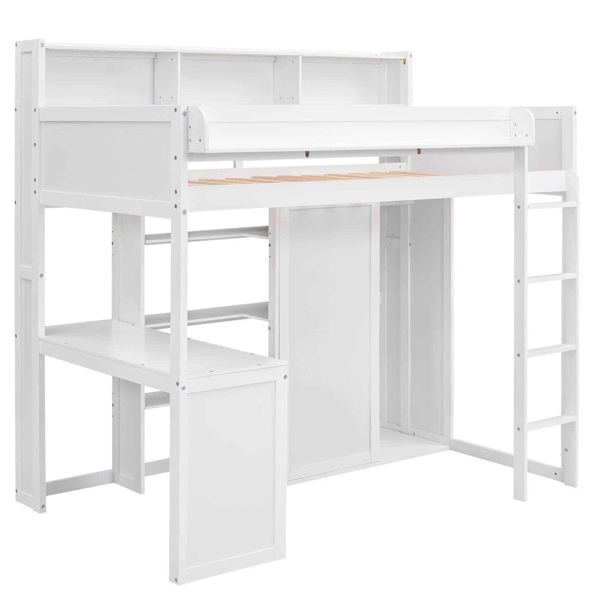 Loft Bed With Built In Desk, Storage Shelves, And Wardrobe