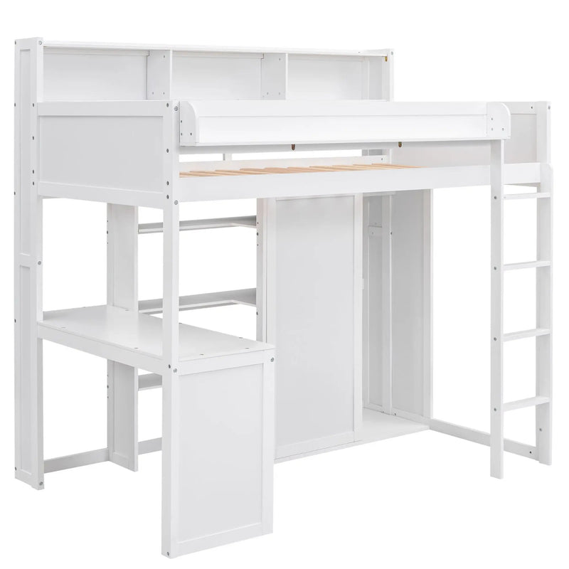 Loft Bed With Built In Desk, Storage Shelves, And Wardrobe