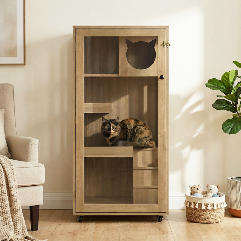 Basia Rubber Wood Cat Cabinet with Wheels by HouseOfZazla