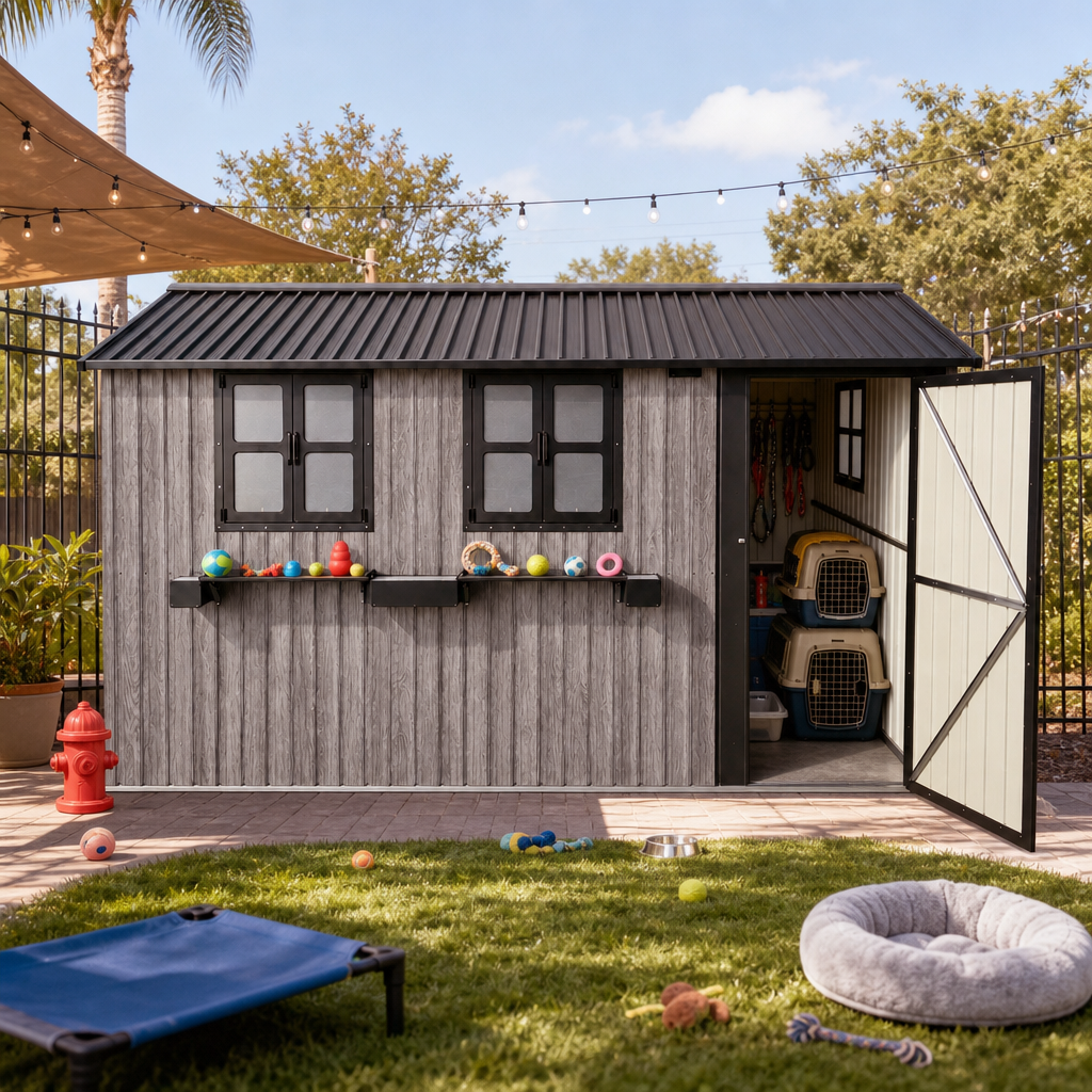 12x10 FT Outdoor Metal Storage Shed with 3 Clear Windows & Decorative Flower Rack, Lockable Single Door Tool Shed, Heavy Duty Waterproof Weatherproof Garden Shed for Backyard Patio Yard,Grey+Black, photo 3 of 9