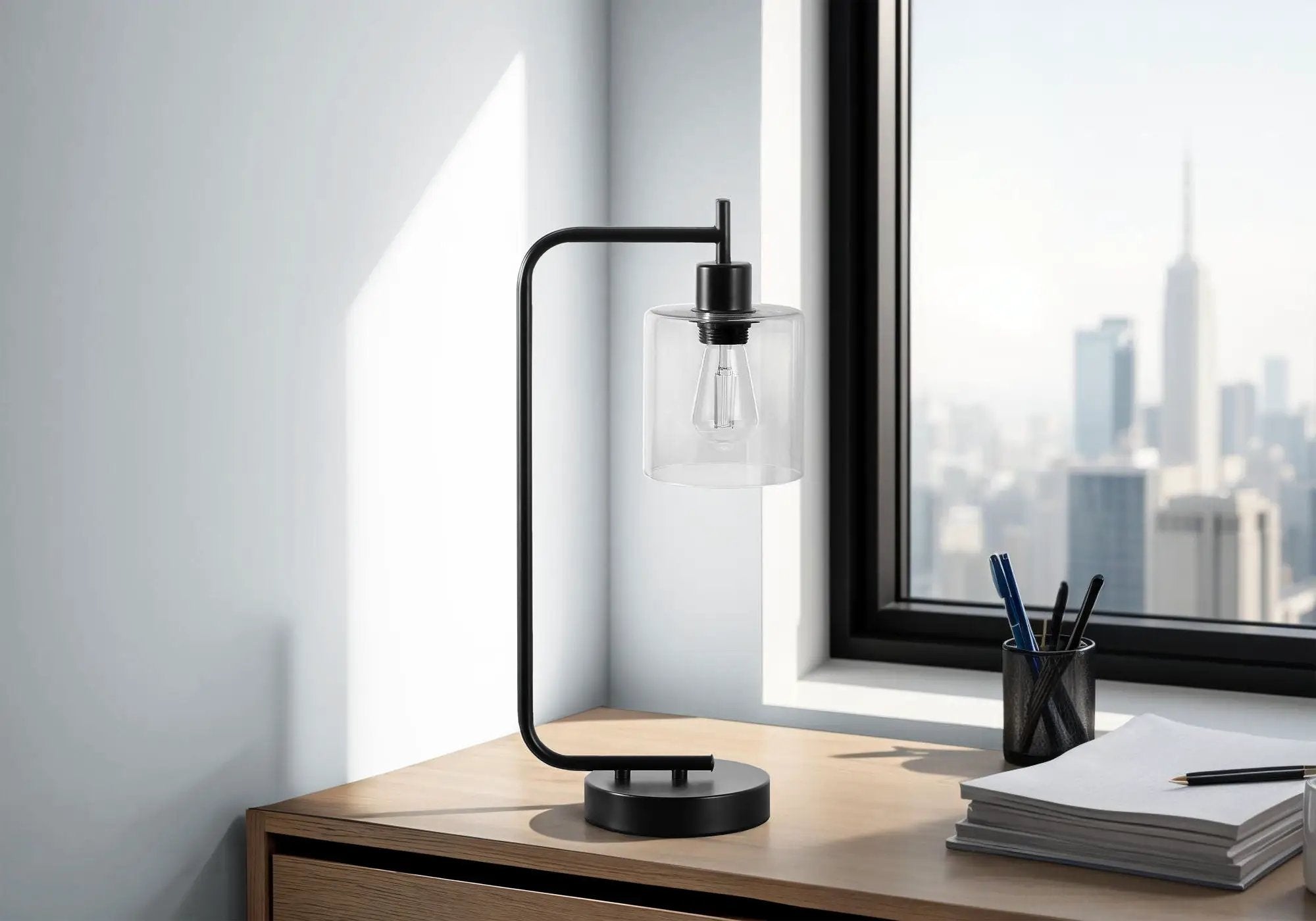 Lighting, Table Lamp, USB Port Included, Glass Shade, Modern - Black by HouseOfZazla