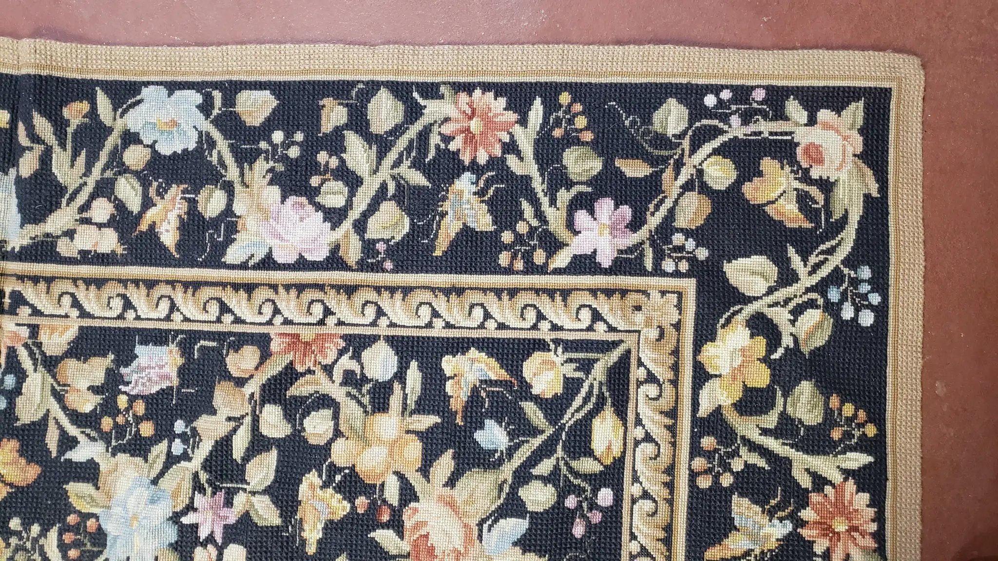 6x9 Vintage Needlepoint Rug, Petitepoint Carpet, Butterflies Floral Design by Jewel Rugs