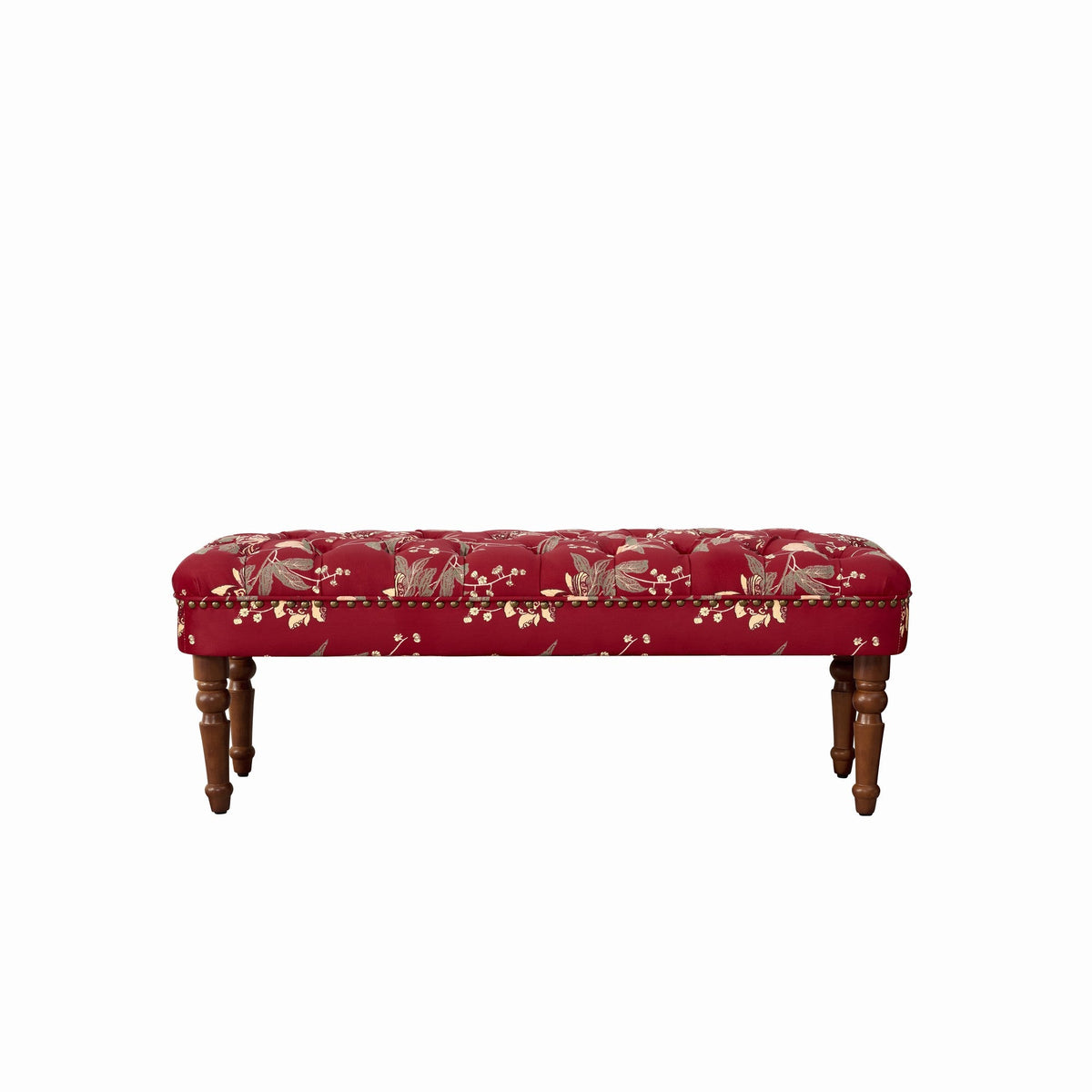 European Style Tufted Floral Bench with Turned Wood Legs - Wine Red, Green, Tiffany Blue, photo 8 of 10