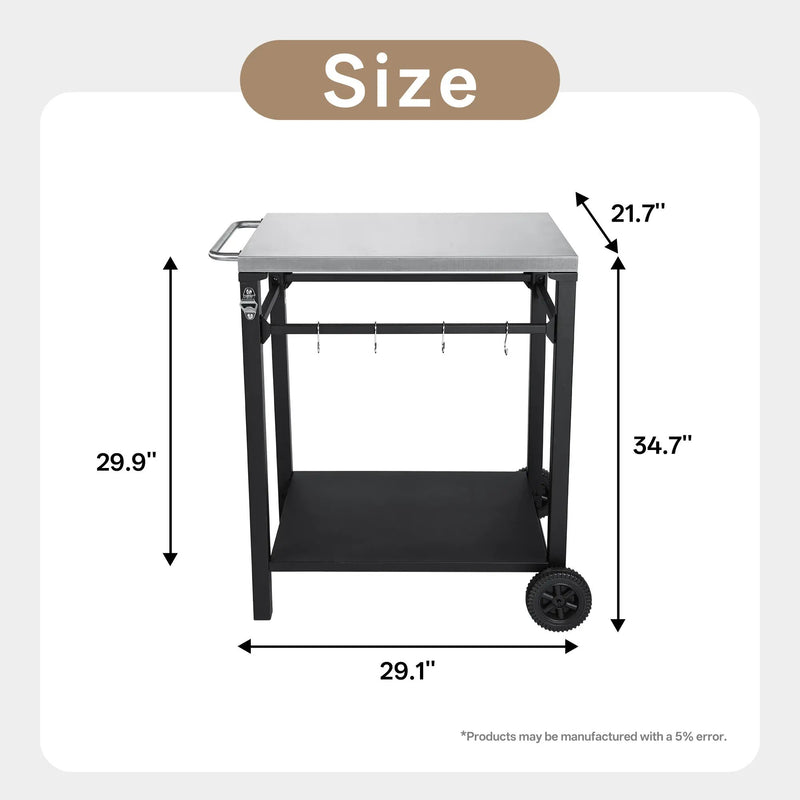 2-Tier Outdoor Grill Cart with Stainless Steel Top, Large Wheels & Tool Hooks by HouseOfZazla