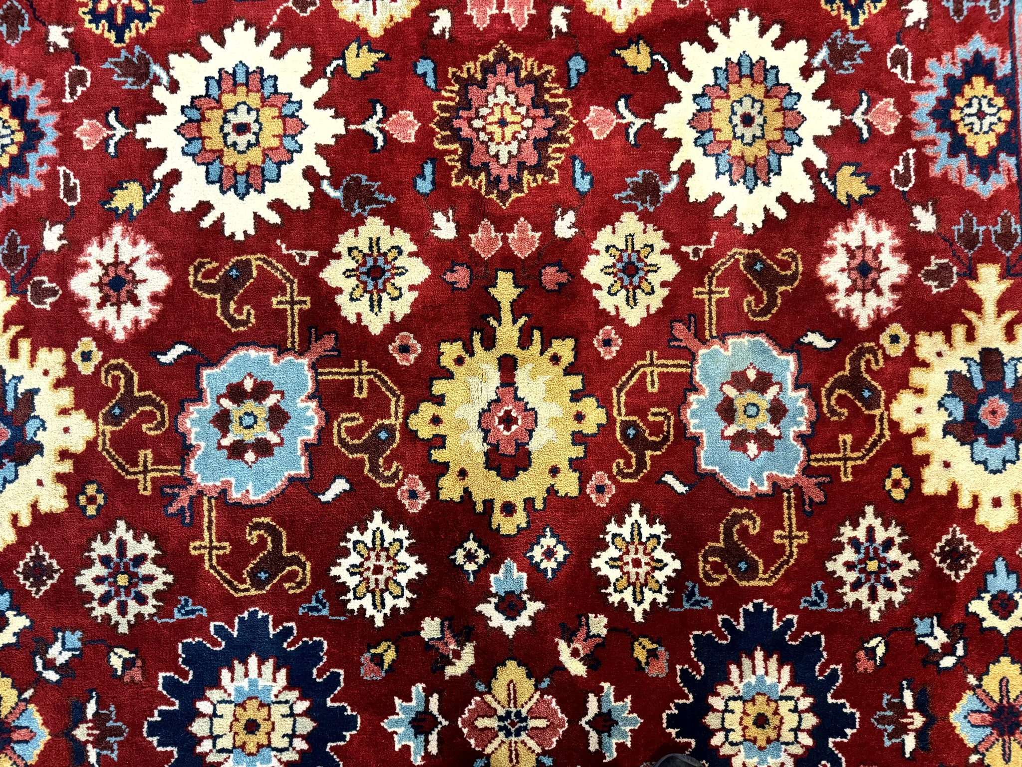 Indo Heriz Rug 8x10, Red and Navy Blue, Allover Pattern, Wool Handmade Carpet by Jewel Rugs