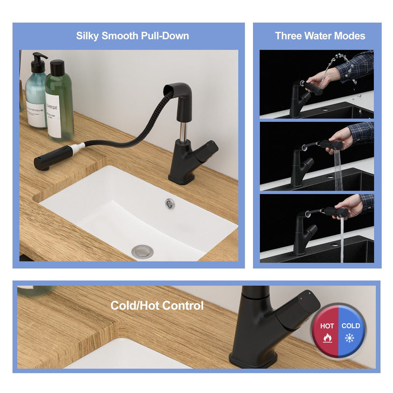 Pull Down Bathroom Sink Faucet With Three Water Modes And Construction - Matte Black by HouseOfZazla
