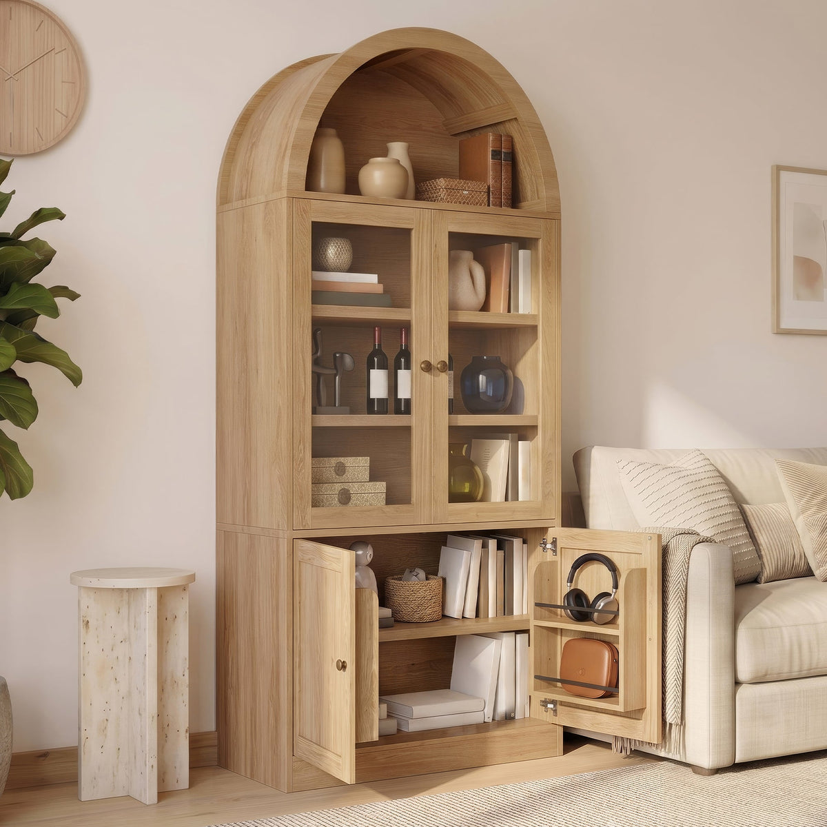 Tall Arched Top Storage Cabinet with Tempered Glass Doors - Natural or White