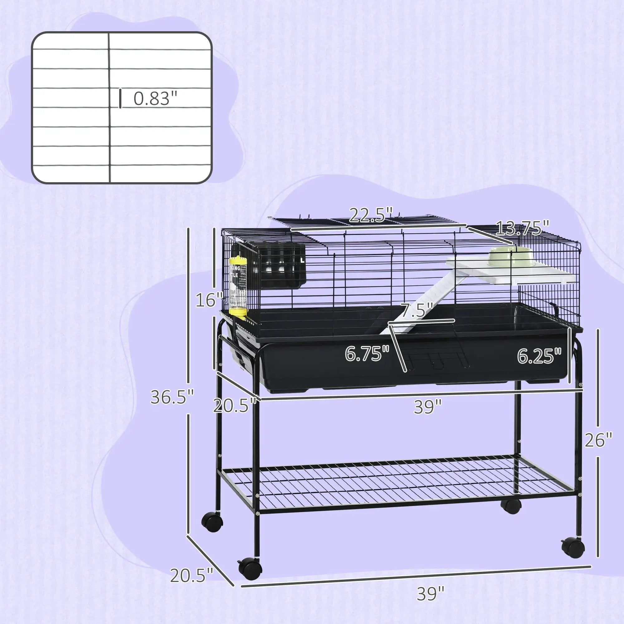 Pawhut - Two-Story Small Animal Cage Removable From Stand, Guinea Pig Cage, Hedgehog Cage, Chinchilla Cage, Ferret, With Shelf & Wheels, Pet Habitat - Black by HouseOfZazla