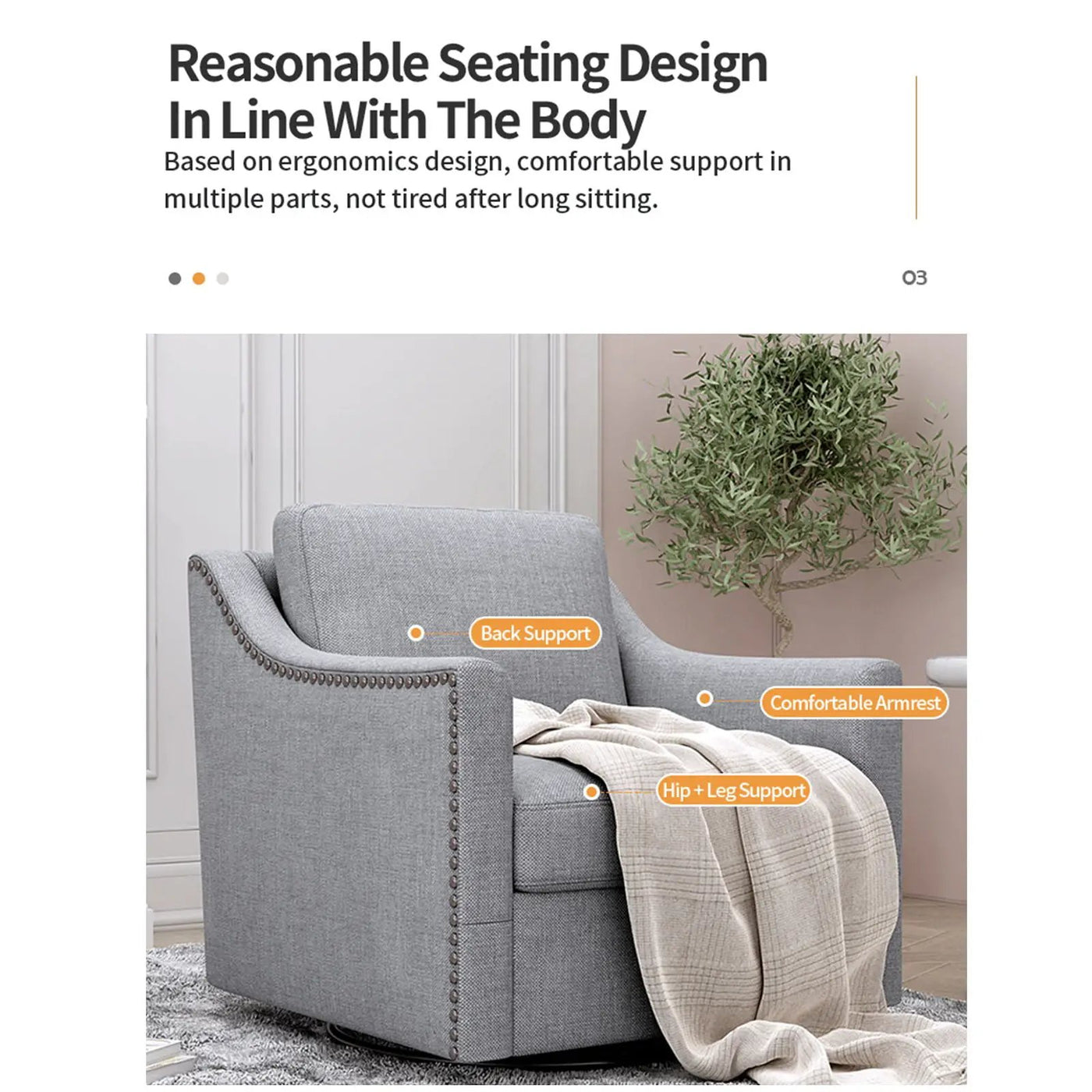 360 Degree Swivel Armchair, Skin Friendly Fabric, Ergonomic Design, Brass Nail Decorative Armchair by HouseOfZazla