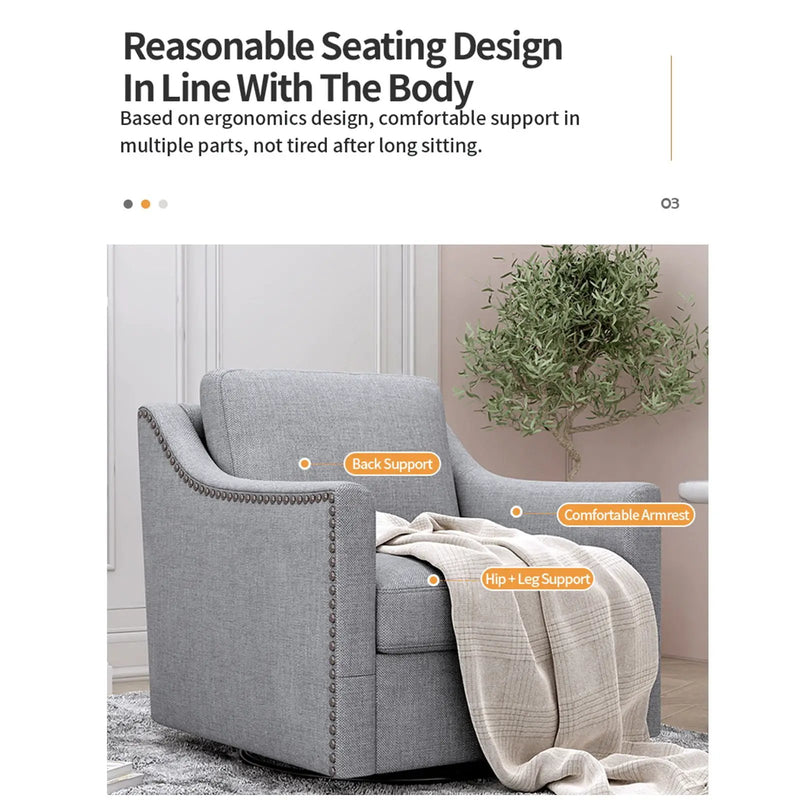 360 Degree Swivel Armchair, Skin Friendly Fabric, Ergonomic Design, Brass Nail Decorative Armchair by Unique Piece Furniture
