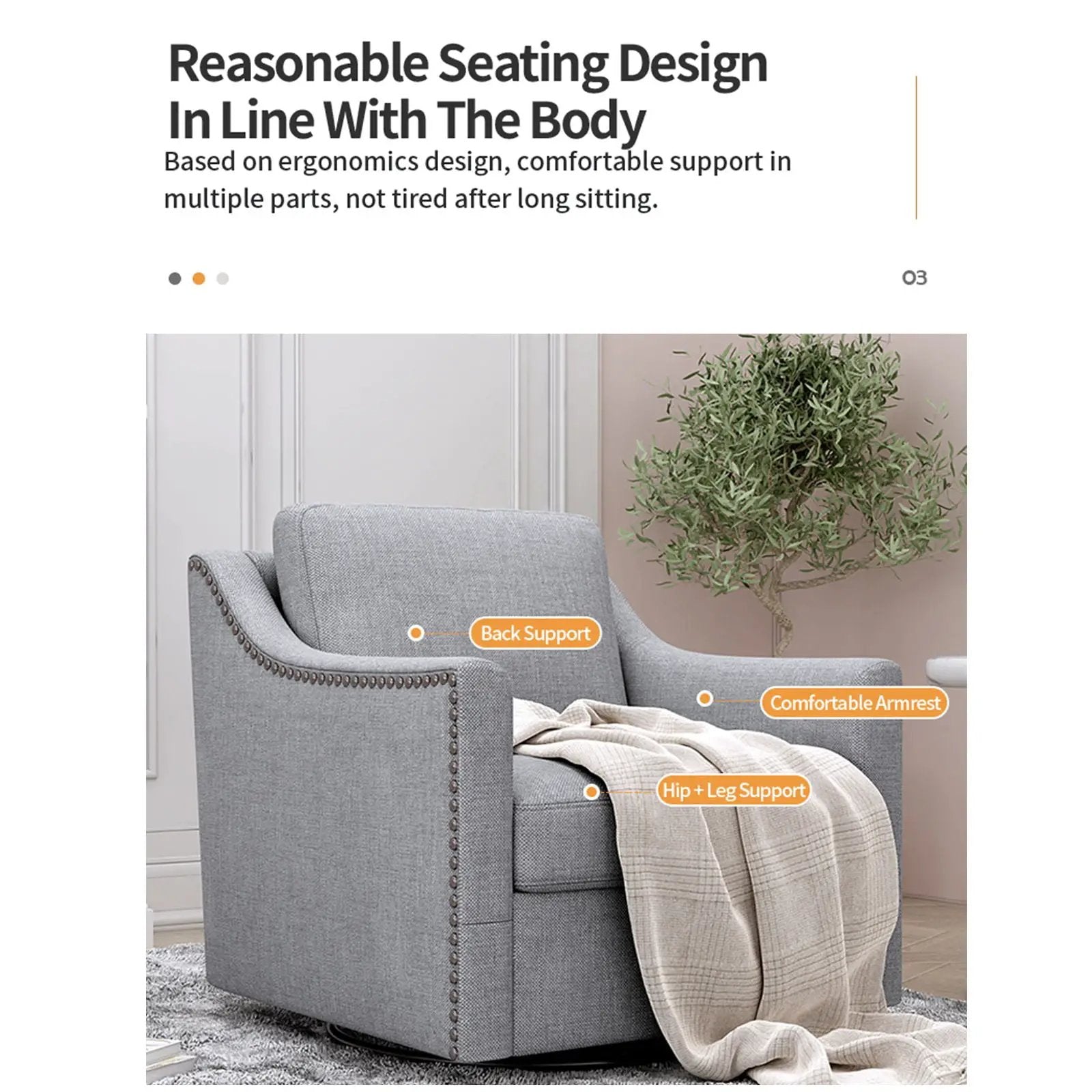 360 Degree Swivel Armchair, Skin Friendly Fabric, Ergonomic Design, Brass Nail Decorative Armchair by HouseOfZazla