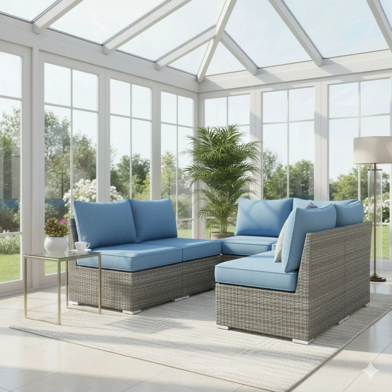 Armless Patio Sofa Set, With UV Resistant Frame And Waterproof Cushions - Blue / Brown