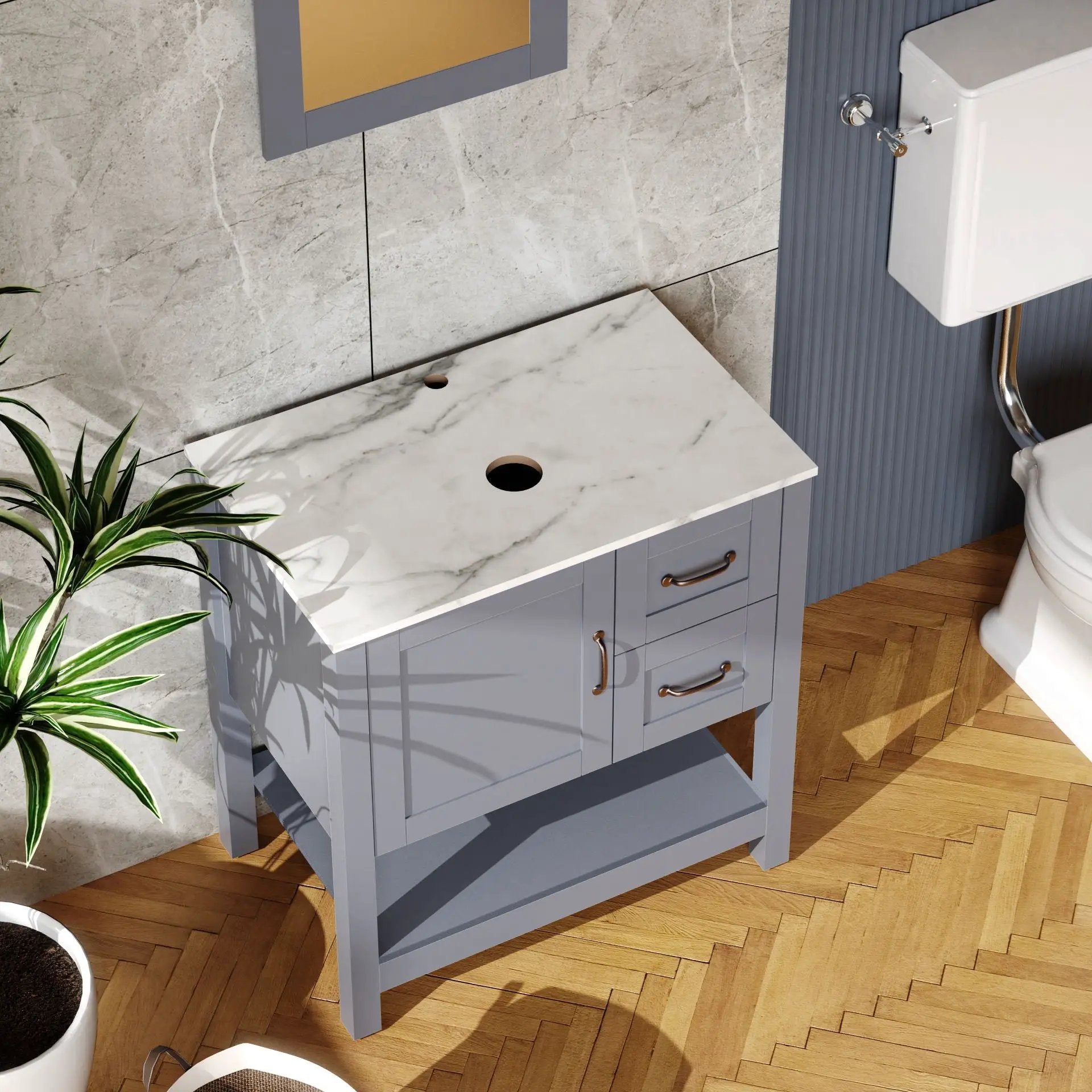 30" Gray Bathroom Vanity And Sink Combo Marble Pattern Top With Mirror Faucet & Drain - Gray by Unique Piece Furniture
