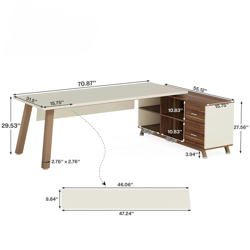 L-Shaped Executive Desk With File Cabinet, Computer Workstation With Drawers And Shelves For Home Office - White / Walnut by HouseOfZazla
