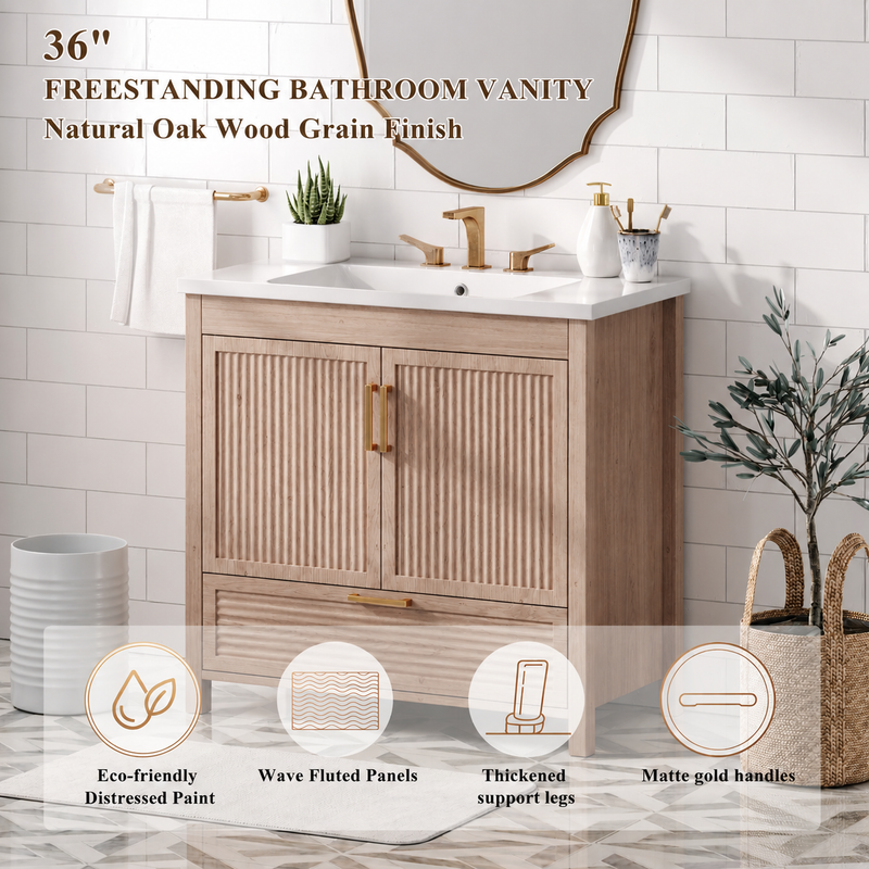 36 Inch Bathroom Vanity with Wave Fluted Panels and Resin Sink - Light Oak, photo 4 of 6