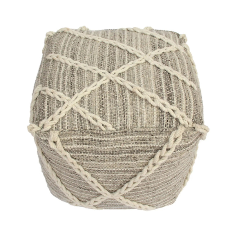Modern Wool Rope Square Pouf Ottoman Floor Cushion - Gray / Ivory by Unique Piece Furniture