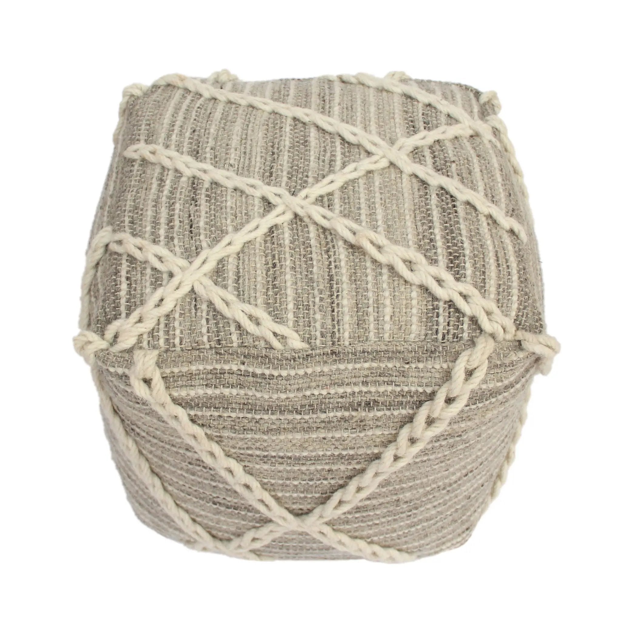 Modern Wool Rope Square Pouf Ottoman Floor Cushion - Gray / Ivory by HouseOfZazla