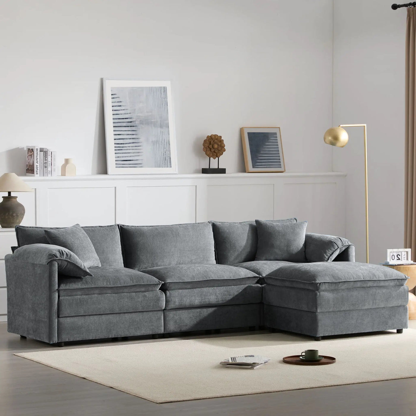 Modular Sectional With Deep And Wide Seat, Cloud Couch Set With Double Cushions Sofa With Movable Ottoman by Unique Piece Furniture