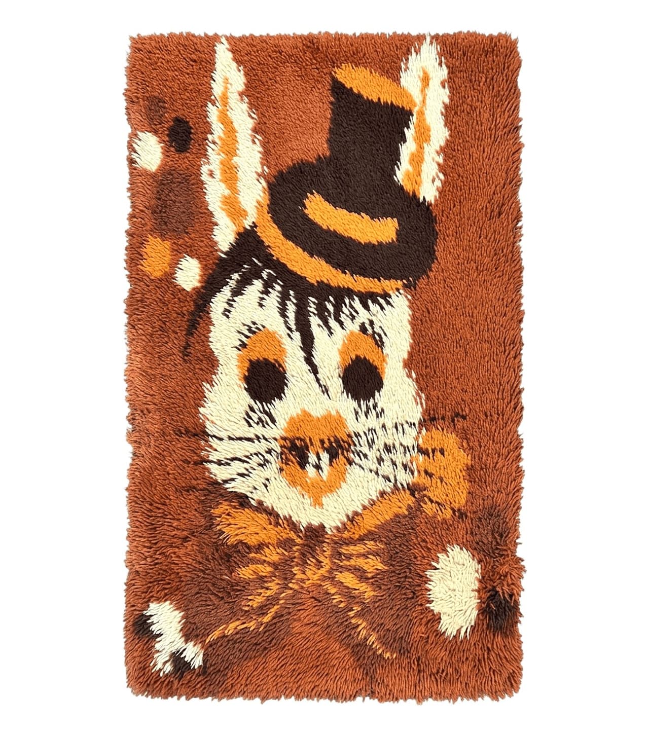 Rya Shag Rug 2x4, Rabbit in Top Hat, Wool, Orange, Vintage 1960s Danish Shag Rug by Jewel Rugs
