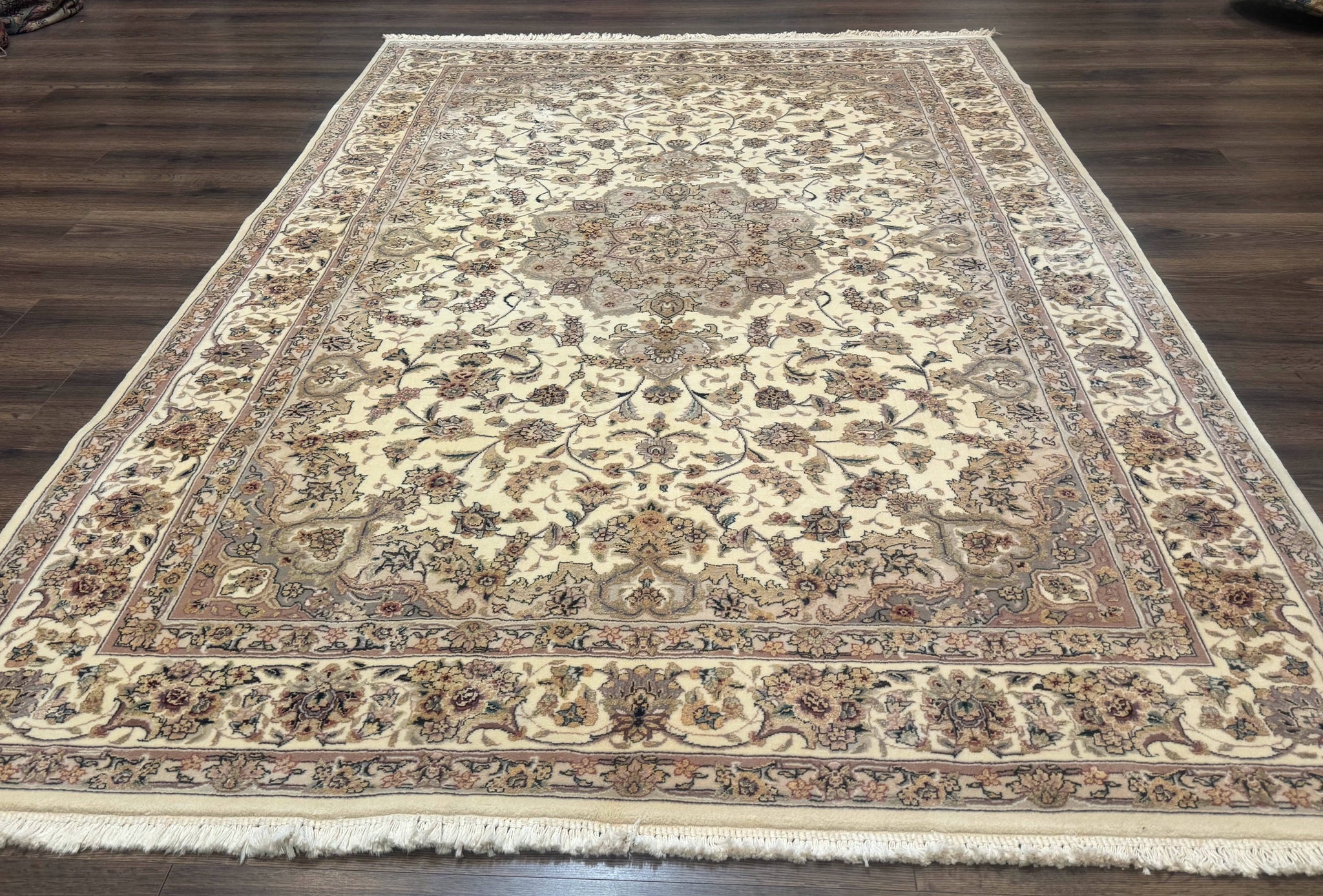 Sino Persian Rug 6x9, Floral Medallion, Ivory & Taupe, Wool with Silk Highlights, Fine 210 KPSI by Jewel Rugs