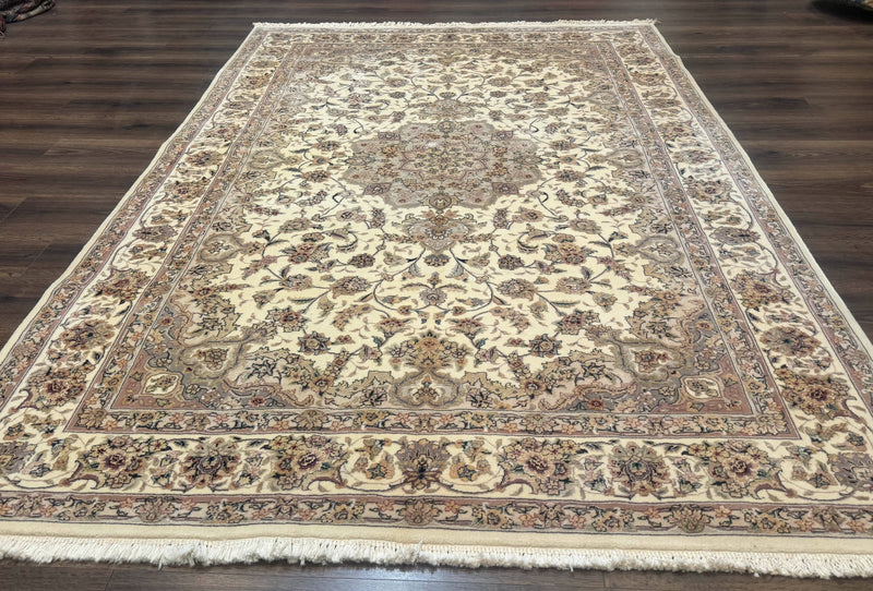 Sino Persian Rug 6x9, Floral Medallion, Ivory & Taupe, Wool with Silk Highlights, Fine 210 KPSI by Jewel Rugs