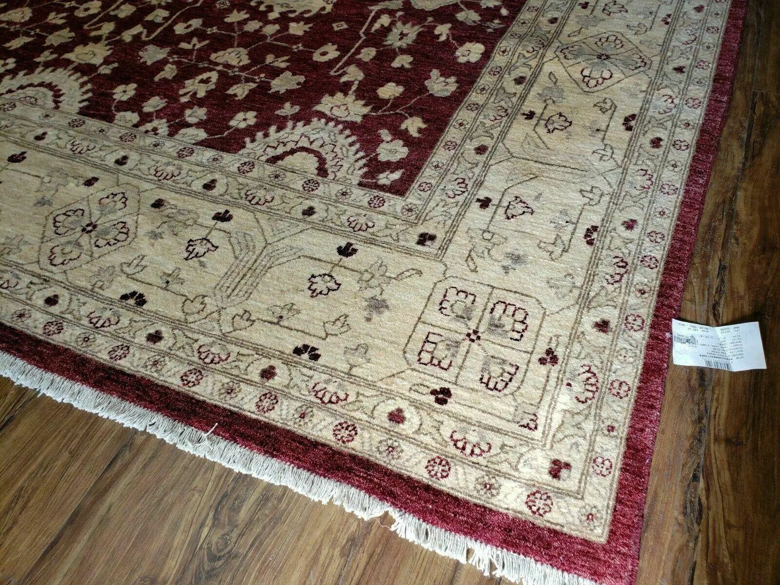 Pakistani Peshawar Rug 10x14, Handmade Chobi Carpet, Maroon & Beige by Jewel Rugs