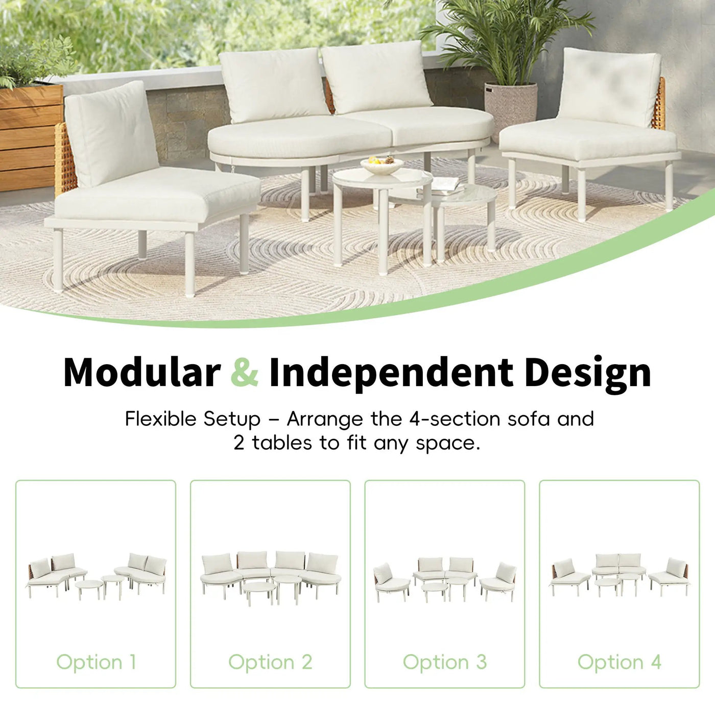 6 Piece Patio Set, Half Moon Outdoor Sectional Sofa With 2 High Low Coffee Tables, 4 Pillows & Cushions by Unique Piece Furniture