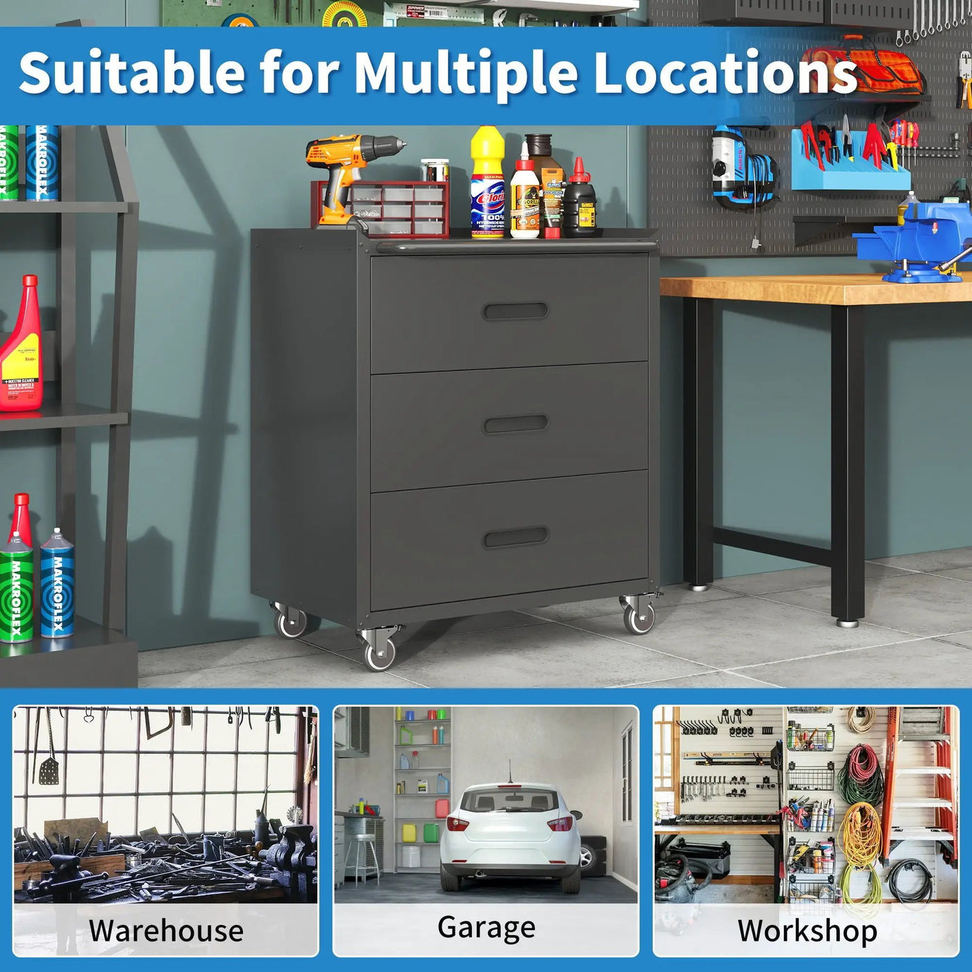 Heavy Duty Metal Storage Cabinet With Wheels 3 Drawer Tool Cabinet For Garage, Office, And Home Organizer Solutions by HouseOfZazla