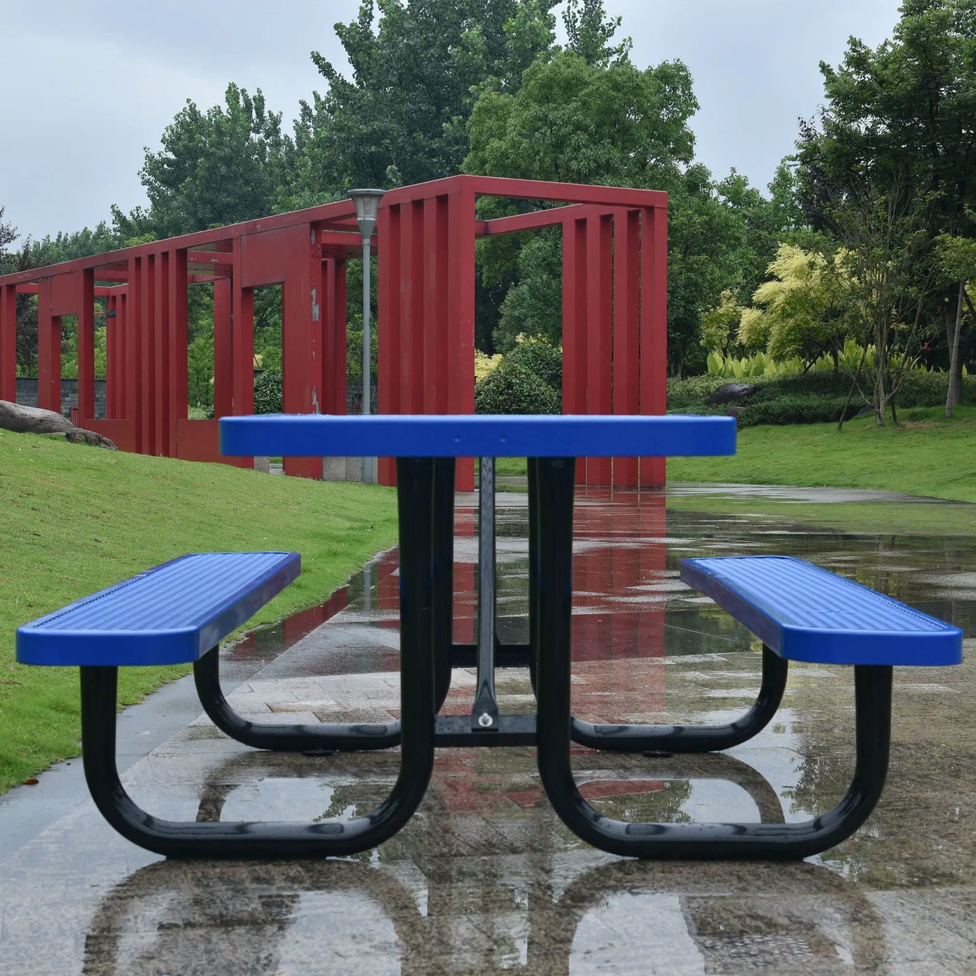 Square Outdoor Steel Picnic Table, With Umbrella Pole by HouseOfZazla