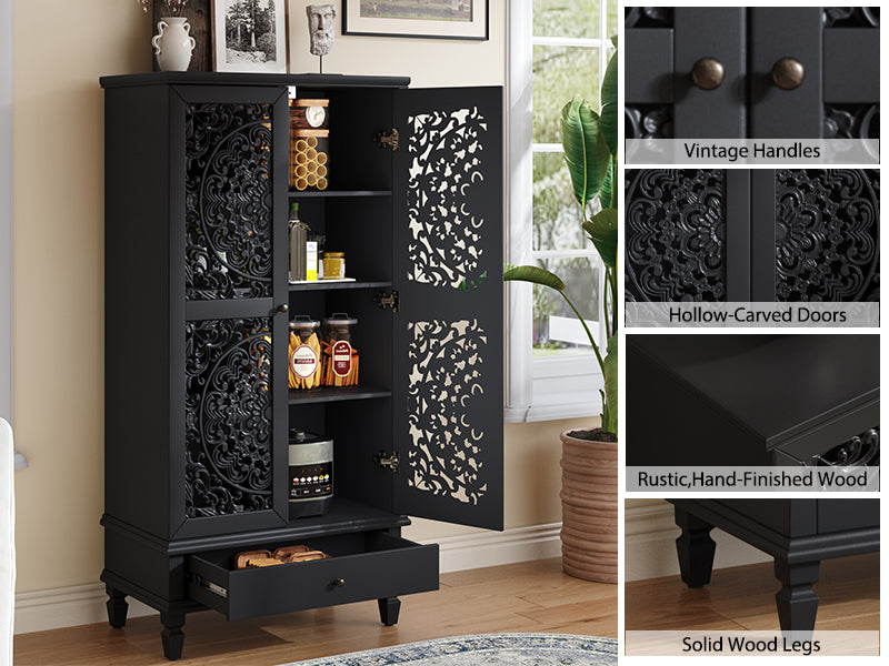 Rustic 55'' Tall Storage Cabinet with Drawer, Decorative 2-Door Carved Wood Accent Cabinet with Solid Wood Legs for Living Room, Hallway, Dining Room, photo 10 of 10